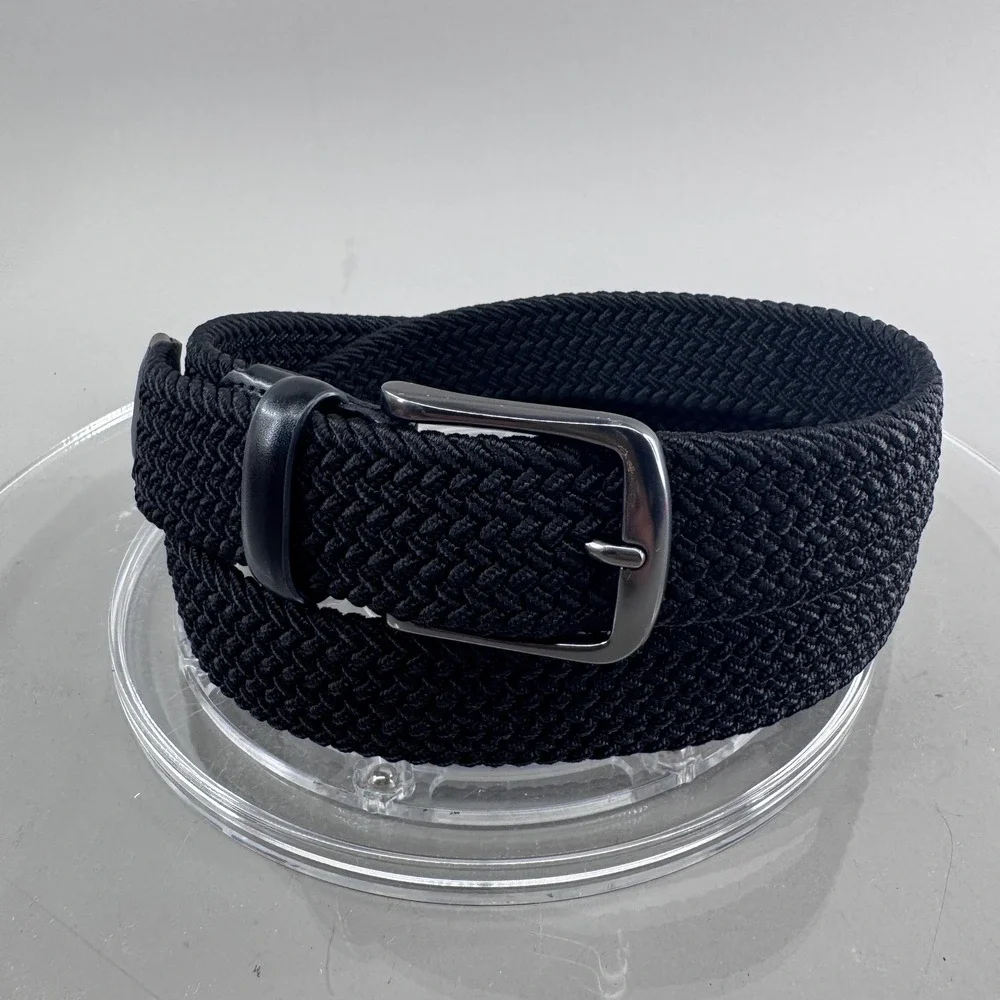 Mens Woven Braided Elastic Stretch Belt Black Genuine Leather Trim Size M 34-36